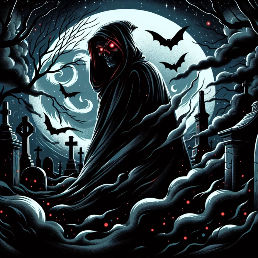 Vampire Encounters: Myth, Legend, or Reality? Illustration of a mysterious, cloaked figure, eyes glowing red, looming over a foggy, moonlit graveyard, with bats fluttering in the sky, hinting at a possible vampire encounter.