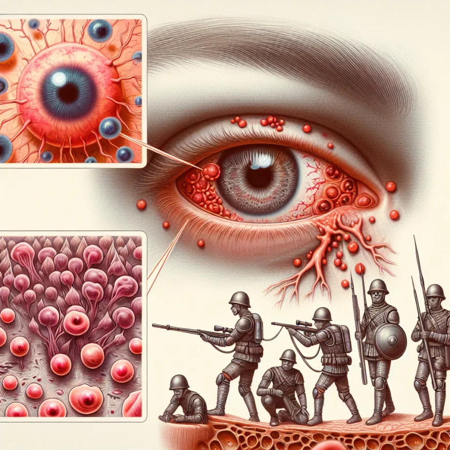 Illustration of a human eye showing inflammation, alongside a representation of the immune system attacking melanocytes, indicating the effects of Vogt-Koyanagi-Harada Syndrome.
