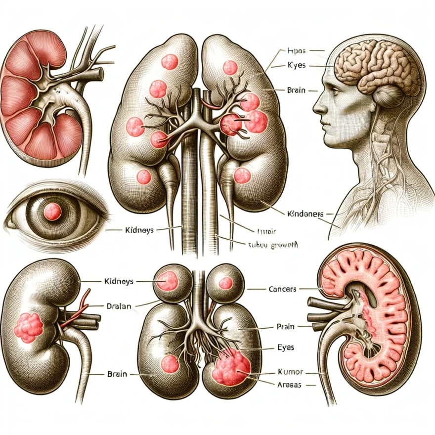 Illustration of various human organs, including kidneys, brain, and eyes, with highlighted areas indicating tumor growth, symbolizing Von Hippel-Lindau Disease's multi-organ impact.