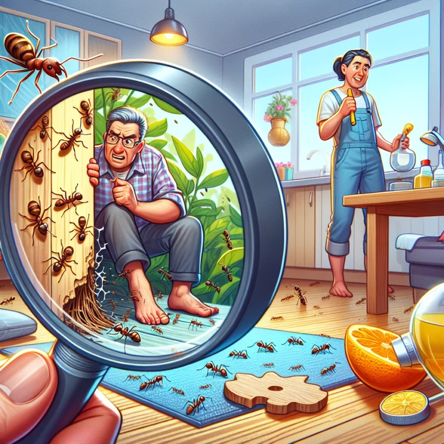 What Causes Ants in Your House and How to Prevent an Infestation Illustration of a trail of ants entering a house through a crack, a magnifying glass highlighting crumbs on the floor, and a homeowner using natural deterrents.