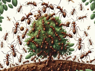 Illustration of a group of ants working harmoniously, carrying food together, symbolizing teamwork, diligence, persistence, and social organization. A leafy background adds a touch of nature.