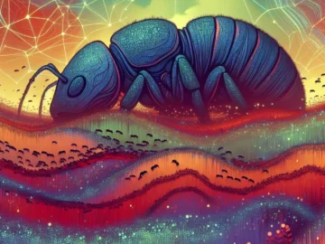 What Does It Mean to Dream About Ants? Illustration of a giant ant slumbering amidst a field of vibrant, dreamy hues, with countless tiny ants busily marching in intricate, mesmerizing patterns around it.