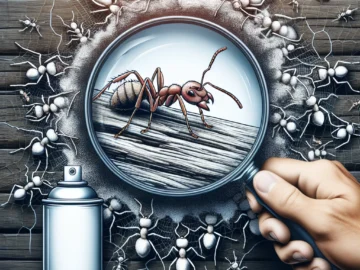 Illustration of numerous white ants crawling over a wooden structure, with a magnifying glass focusing on one, showcasing its distinctive features. A pest control spray is depicted in the corner.