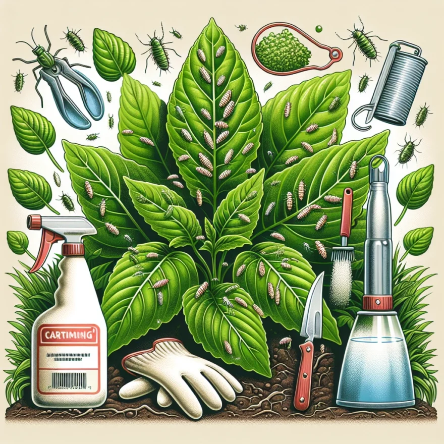 Illustration of a lush green plant under siege by tiny whiteflies, with a close-up view of whitefly eggs on the underside of a leaf. Various prevention tools are also depicted.