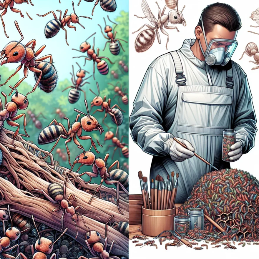 Illustration of numerous wood ants in their natural habitat, with detailed features and colors. A depiction of their nest is also seen, along with an individual using eco-friendly pest control methods.