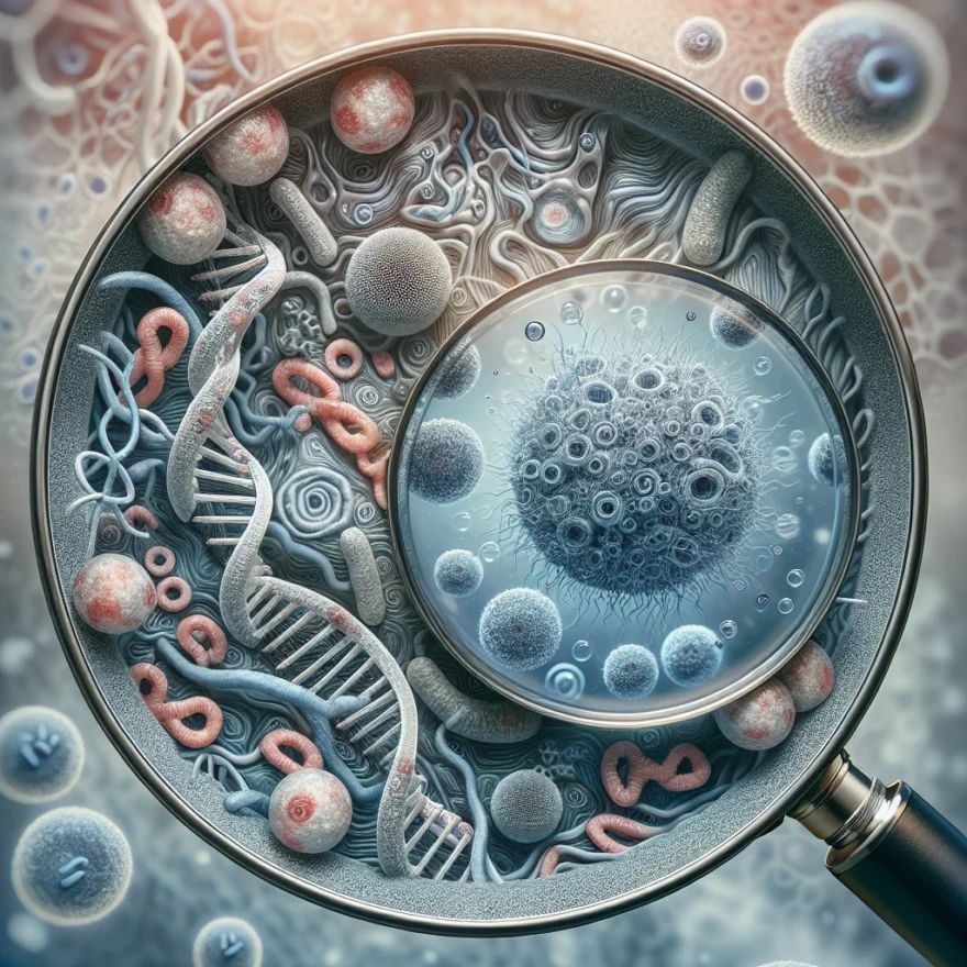 Illustration of a human immune system with highlighted abnormalities, featuring a DNA strand, antibodies, and microscopic bacteria, symbolizing the impact of X-Linked Agammaglobulinemia.