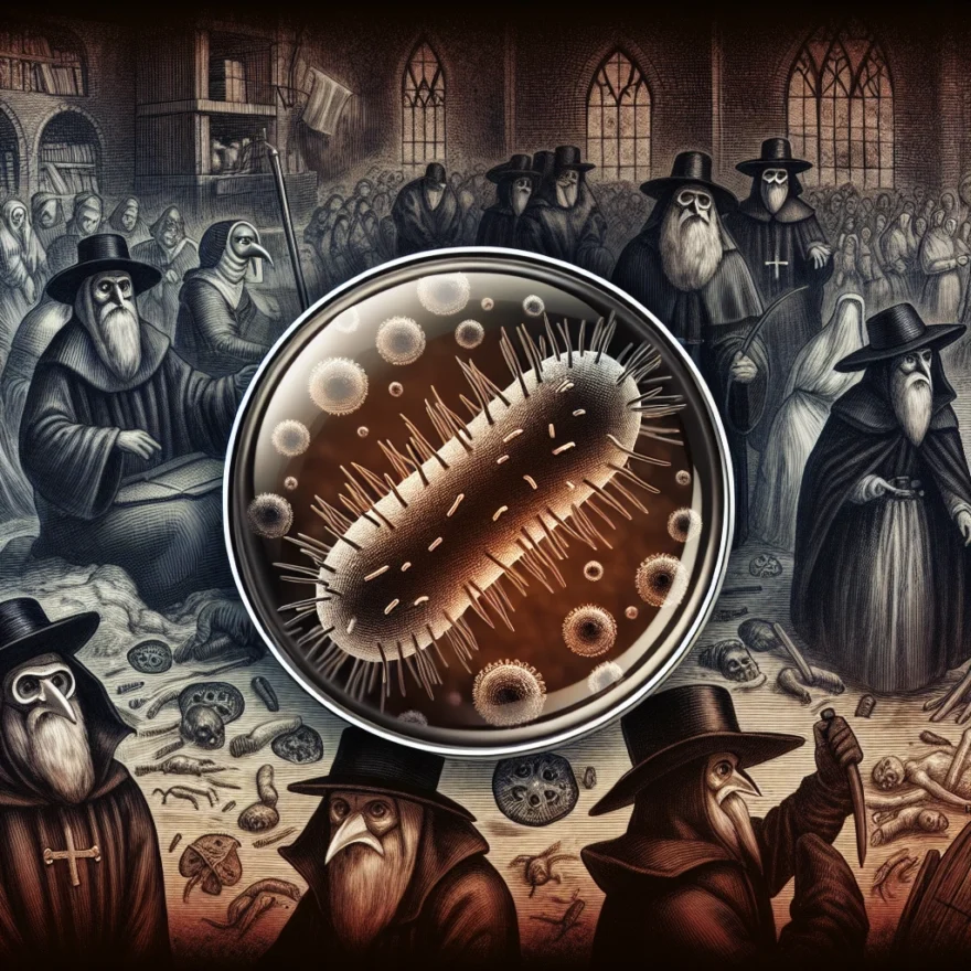 Yersinia pestis: The Notorious Plague Bacterium Illustration of Yersinia pestis bacterium under high magnification, surrounded by medieval scenes of plague doctors and afflicted patients, emphasizing the historical impact of this deadly pathogen.