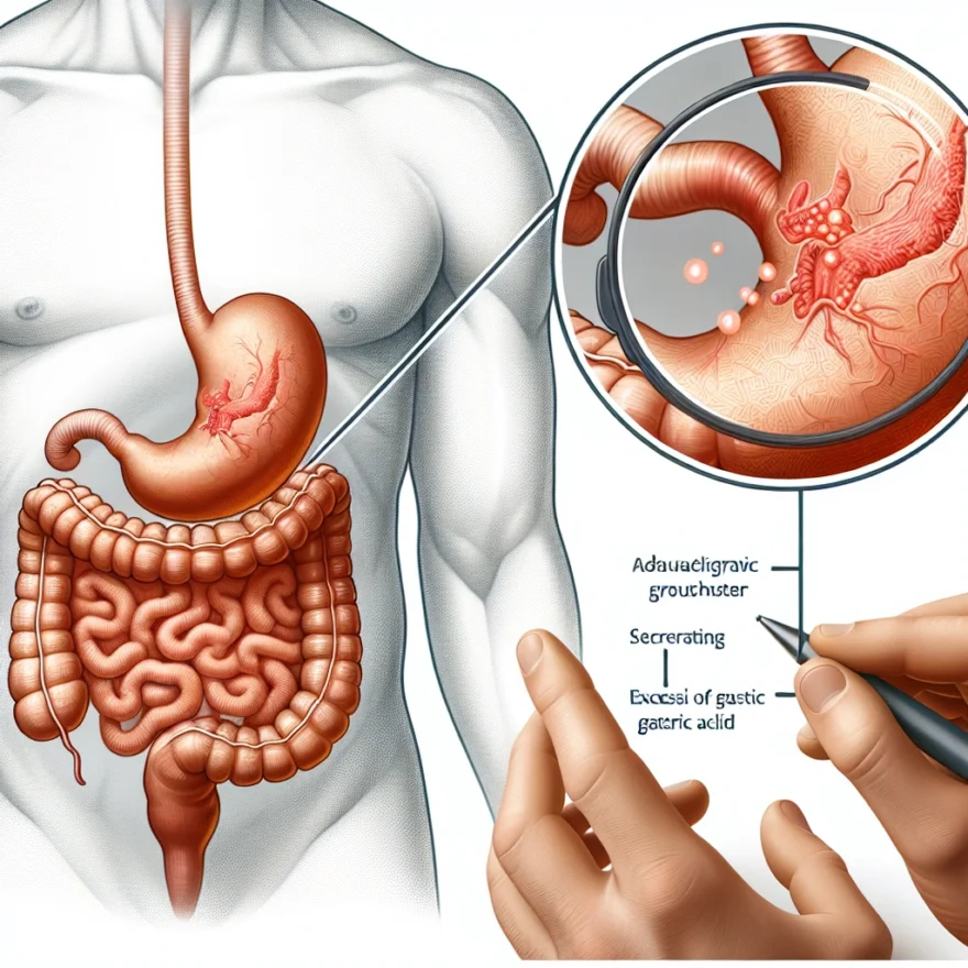 Illustration of a human digestive system highlighting the stomach, with a magnified view showing abnormal growths secreting excessive gastric acid, leading to ulcers and other complications.