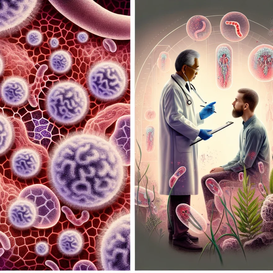 Zygomycosis: A Rare Fungal Infection with Serious Consequences Illustration of microscopic fungi, Zygomycetes, interacting with human cells, alongside a depiction of a doctor examining a patient, symbolizing the medical challenges and severity of Zygomycosis.