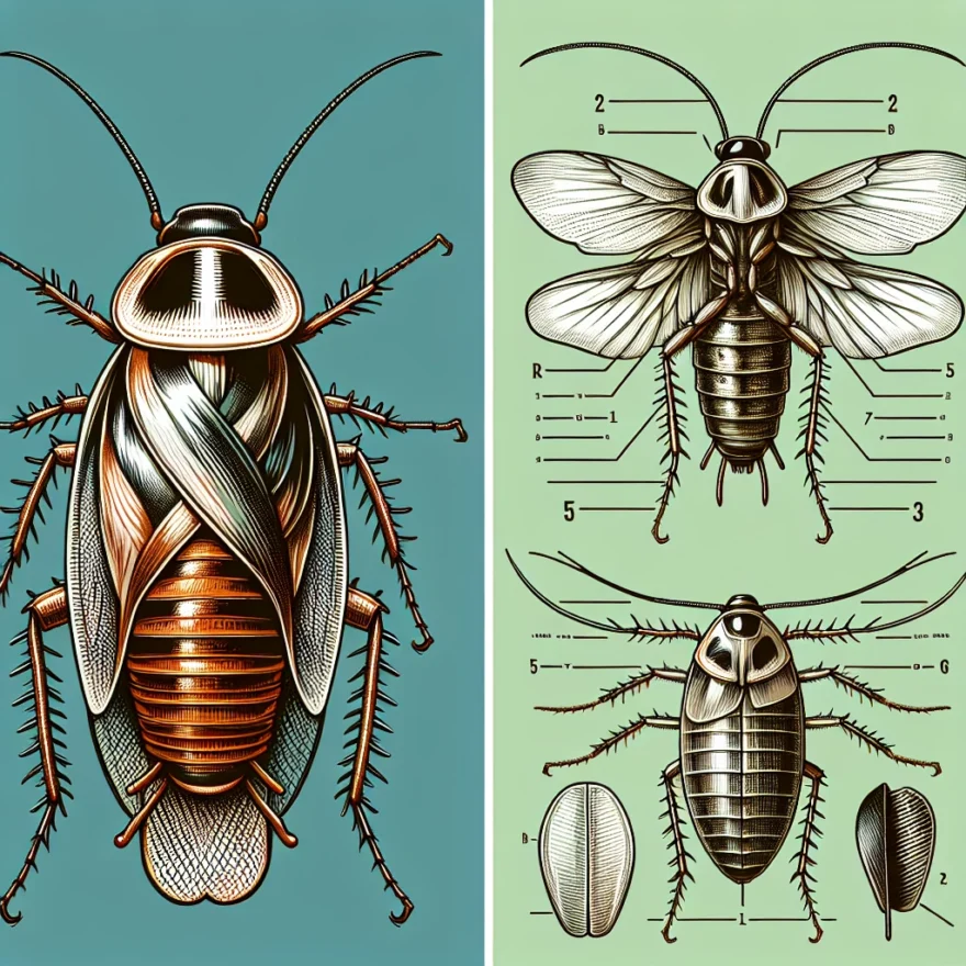 Illustration of a cockroach showcasing its segmented body, with detailed views of its head, thorax, and abdomen, including legs, antennae, and wings, highlighting the insect's intricate anatomical features.